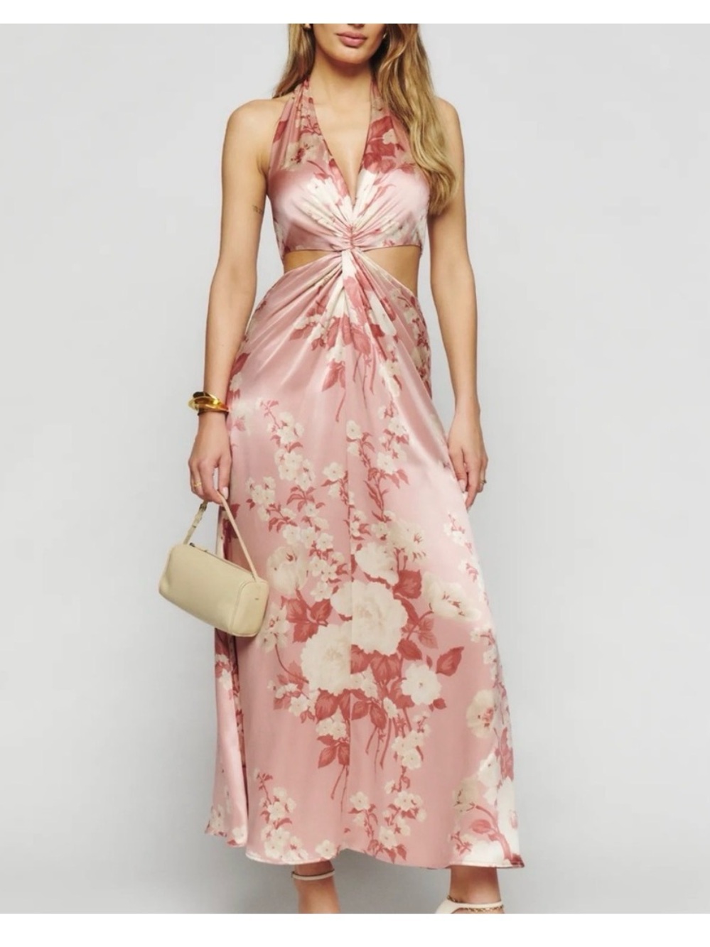 Reformation Pink Floral Backless Halter Maxi Dress